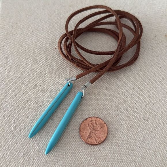Western Bolo Tie - Brown Faux Suede Cord with Turquoise Accents - Picture 6 of 7